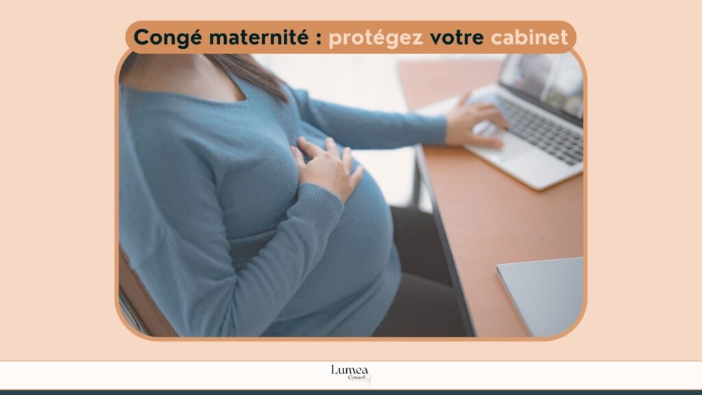 Infographie expliquant la gestion des charges et de la trésorerie lors d'un congé maternité en profession libérale.