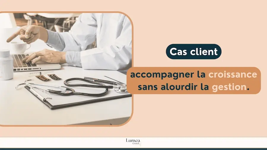 Infographie présentant les bénéfices de l'automatisation financière et du gain de temps de gestion pour un groupe médical à Montpellier.
